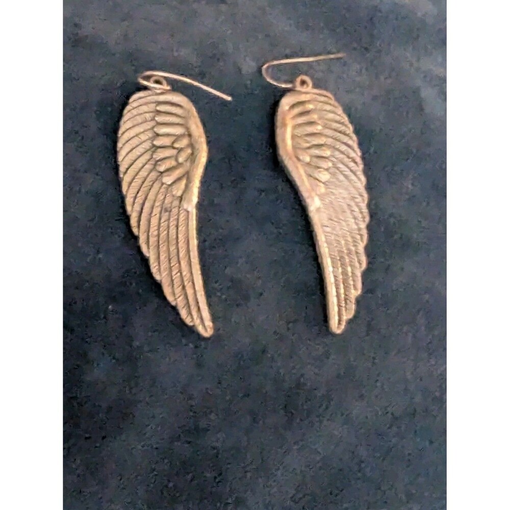 Vintage Style Brass Bronze Angel Wing Dangle Earrings Feather Detail Fishhook